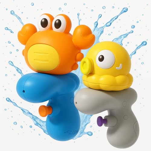 Wasserpistole Kinder 2er Set, 80ml Spritzpistole für Jungen & Mädchen, 2–6m Reichweite, ABS Material, Badespielzeug für Garten, Strand & Badewanne (Krabbe & Oktopus)