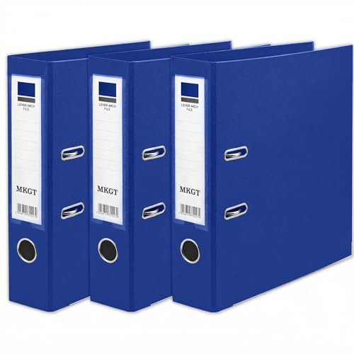 MKGT A4 Lever Arch File 75mm Spine – Heavy Duty Metal Lever Arch Mechanism, Strong Ring Binder Folder with Thumb Hole & Spine Label for Office, School & Home Filing (Blue, Pack of 3)