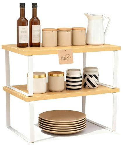 Ribech Organizador de Especias Extensible 2 en 1, Estante Ajustable para Cocina y Baño, Fabricado en Bambú y Metal,Beige Natural