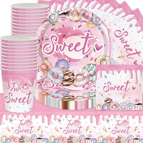 Shamoparty Donut party cutlery set, 61Stk dessert party decoration, cartoon themed cutlery including plates, cups, tissues, tablecloths, children's birthday decorations, baby showers