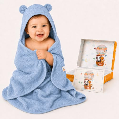 FUCHSUNDPANDA Fuchs&Panda® Kapuzenhandtuch Baby EXTRA dick, warm & weich | 75x75cm Babyhandtuch mit Kapuze (100% Bambus) | Baby Handtuch Kapuze mit toller Geschenkverpackung (Puder-blau)