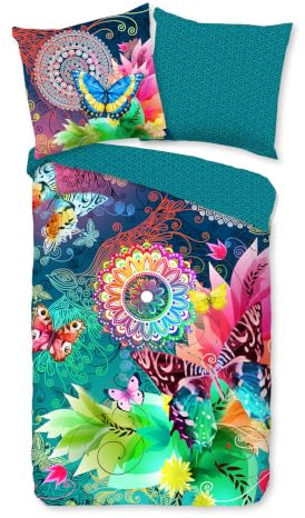 Hip Parada bettwäsche mit farbigen Figuren und Schmetterlinge, 100% Baumwolle/Satin-155x220cm, Satin, Multi Colour, 220x155x0.5 cm