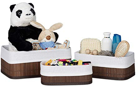 Relaxdays Aufbewahrungskorb 3er Set, Stoffbezug, Bambus, rechteckig, Bad, Accessoires, Spielzeug, Allzweckkorb, braun, 20 x 30 x 13 cm
