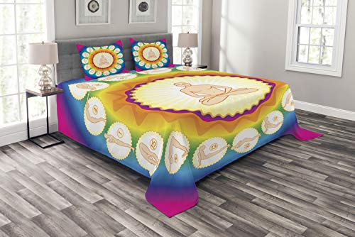ABAKUHAUS Yoga Tagesdecke Set, Yogi Lotus Haltung posiert, Set mit Kissenbezügen Sommerdecke, für Doppelbetten 220 x 220 cm, Mehrfarbig