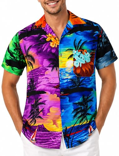 King Kameha Herren Hawaiihemd Kurzarm, Sommer Aloha Shirt mit Surfen-Print