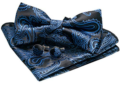 JEMYGINS Blau Seide Paisley Fliege und Einstecktuch mit Manschettenknöpfe Sets für Herren(2)