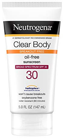 Neutrogena Clear Body Breakout-Free Liquid Sunscreen Lotion für zu Akneprone Haut, ölfreier Sonnencreme, breites Spektrum LSF 30, Oxybenzonfrei, parfümfrei, nicht komedogen, geruchlos, 150 ml