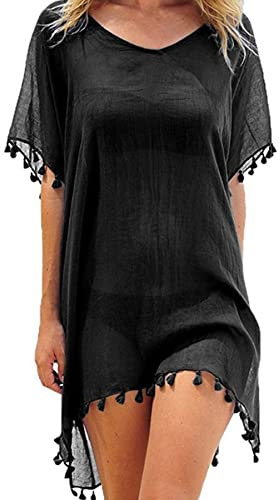 Beach Cover Up - Women Chiffon Beachwear Ladies Tassel Swimsuit Cover Ups Swimwear Bikini Beach Dress Bathing Suit Cover Up Black