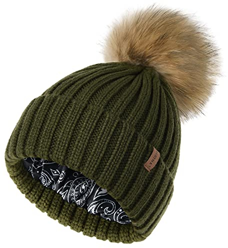 FURTALK Damen Satinfutter Bommelmütze für Haar Wintermütze mit Kunstfell Bommel