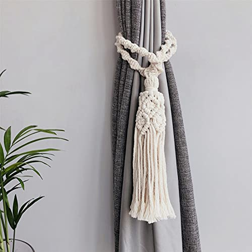 RAILONCH 2 Stück Boho Vorhang Zugband, Vorhang Raffhalter Beige Handgefertigt Vorhang Seil, Handstricken Vorhanghalter mit Quaste für Haus Dekoration (Stil 8)