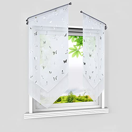 HeichkelL Lot de 2 rideaux brise-bise en voile avec papillon argenté - Double couche - Rideau de cuisine moderne avec pompon - Blanc - 60 x 120 cm (l x H)