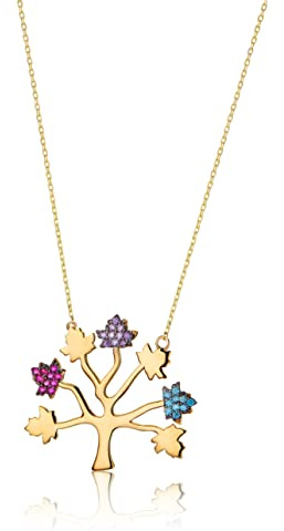 Collier arbre de vie en or jaune 585 14 carats avec pendentif en zircone colorée, Or, Zircone cubique