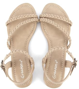 Greatonu Women's Flat Sandals Summer Braided Slip On Gladiator Sandals Open Toe Strappy Slingback Shoes Beige Size 7
