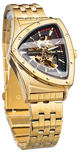 FORSINING Skelett-Uhren für Herren, automatische mechanische Uhr mit dreieckigem Zifferblatt, leuchtende selbstaufziehende Uhren, Edelstahlarmband oder weiches Silikonarmband, Goldfarben, Retro