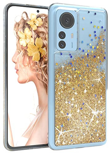 EAZY CASE Hülle kompatibel mit Xiaomi 12 Pro Schutzhülle mit Flüssig-Glitzer, Handyhülle, Schutzhülle, Back Cover mit Glitter Flüssigkeit, TPU/Silikon, Transparent/Durchsichtig, Gold