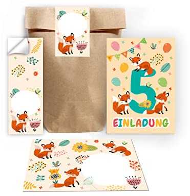 Junapack 12 Einladungskarten zum 5. Kindergeburtstag fünfte Geburtstag Mädchen Jungen Fuchs incl. 12 Umschläge, 12 Tüten/natur, 12 Aufkleber
