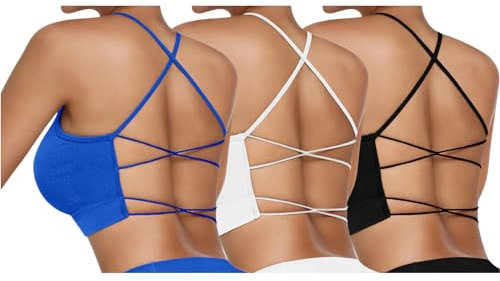 Vertvie Damen Sport BH Gepolstert Crossback Yoga Sports Bra Spaghettiträger Rücken Verkreuzt Gerippt Bustier Ohne Bügel Atmungsaktiv BH mit Abnehmbaren Cups(3pc: Schwarz + Weiß + Königblau,M)