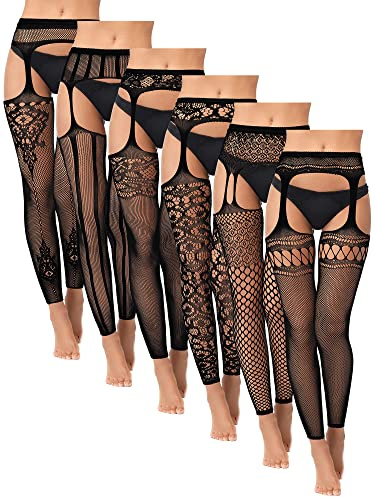 Lot de 6 paires de collants en résille sans pieds taille haute avec porte-jarretelles pour femmes et filles (rayures)