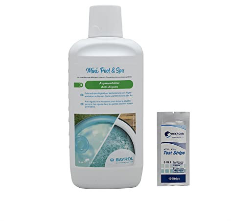 BAYROL Mini Pool & Spa Anti-ALGUES Liquide - 1L | Évite Le développement des algues dans Les Petites Piscines, Piscines Hors-Sol et Spas Gonflables - Non moussant + 10 Tests HPS OFFERTS 6 en 1