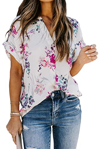 AOISAGULA Damen Sommer Bluse V-Ausschnitt Kurzarm Shirt Casual Oberteile Lose Fit Tops Tunika für Frauen lila M