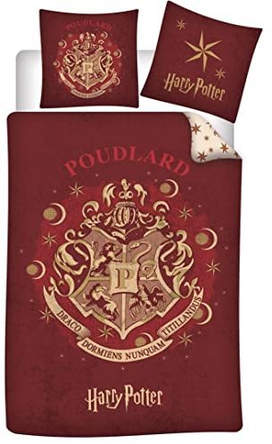 Harry Potter Hogwarts Bettwäsche 140x200 + Kissenbezug 65x65 Bordeauxrot | Wendebettwäsche Einzelbett | Naturbaumwolle Oeko-Tex | Wizarding World | Knopfverschluss | Geschenk | Maschinenwaschbar