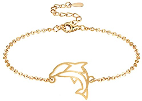 Fauna Tier-Armband, Delfin, Farbe Gold oder Silber, mit Kette oder schwarzer Kordel, für Damen, Herren oder Kinder, robust und verstellbar, hergestellt in Frankreich