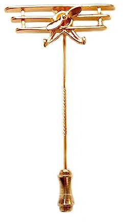 Doppeldecker Plastronnadel Anstecknadel Flugzeug Messing vergoldet ca. 1,4/3,2 cm m.i. Germany + Geschenkbox