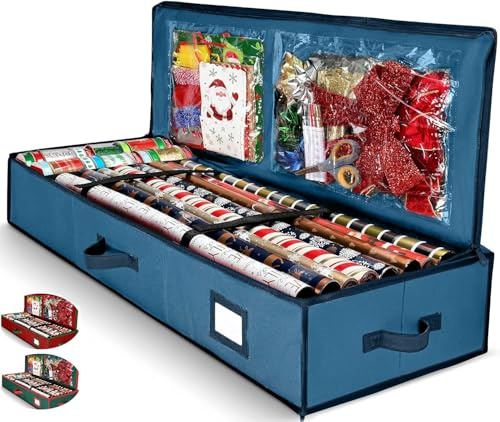HOMIOR Gift Wrap Organizer, Christmas Wrapping Paper Storage Bag w/Useful Pockets for Xmas Accessories, Fits Upto 24 Rolls, Underbed Storage for Holiday Decorations, Large Capacity Storage Box