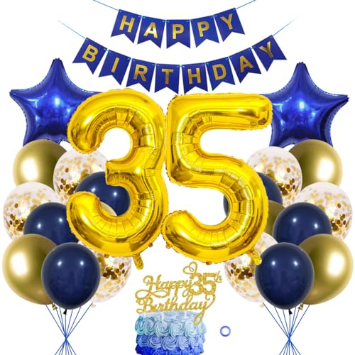 SNOWZAN 35. Geburtstag Dekorationen Blau Gold für Frauen und Männer - Luftballon Girlande, Tortendeko, 35 Jahre Deko