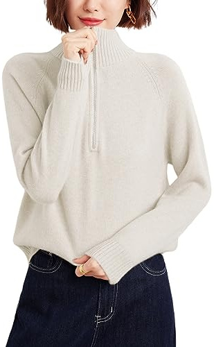 DISSA Damen Kaschmir Pullover Weiß Stehkragen Langarm Strickpullover Damen Kaschmir Wolle Reißverschluss Relaxed Dicker Pullover,40,YZL516