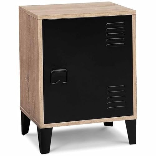 IDMarket - Table de Chevet Ester Effet Bois 1 Porte métal Noir Design Industriel