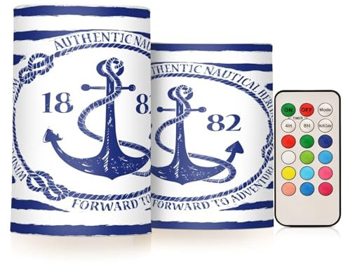 Quteprint 2 Pack Flameless Candles with Remote Timer Flickering LED Candles, Navy Blue Anchor Stripe Battery Operated Candles Tea Lights Fake Candles for Home Bathroom Halloween Christmas Party