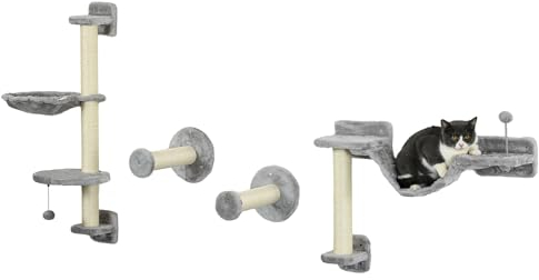 PawHut Juego de Estanterías para Gatos de 4 Piezas Rascador de Pared para Gatos con Hamaca Postes Rascadores Escalera Blanda Bola Plataformas para Saltar Gris y Beige