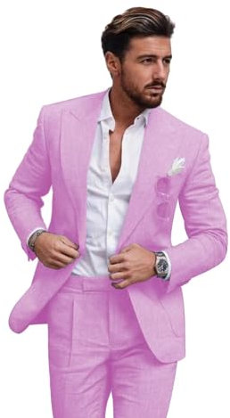 Herren Leinenanzug 2-teilig Slim Fit Anzug Sommer Strand Hochzeit Anzug Groosmen Prom Smoking Leinen Blazer Hosen Set, Flieder, 5XL