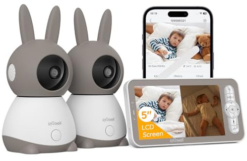 ieGeek Baby Monitor Video und Audio 2K mit 2 Kameras, 5 Zoll Kinderkamera mit geteiltem Bildschirm, Unterstützung Steuerung über mobile App & Monitor, 3 Arten der intelligenten Erkennung