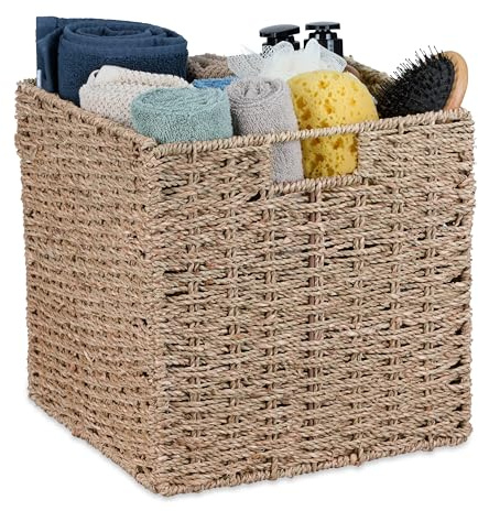 Relaxdays Aufbewahrungskorb Seegras, geflochtener Regalkorb, Ordnungskorb, Bad, HBT: 30 x 30 x 30 cm, Flechtkorb, Natur