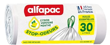 alfapac - 15 sacs-poubelle 30L à lien coulissant stop-odeurs aux huiles essentielles - fabriqués en France
