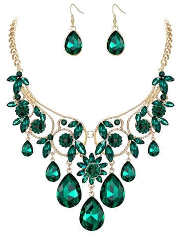 Clearine Damen Schmuckset Tribal Ethnic Kristall Chunky Erklärung Halskette baumeln Ohrringe Grün Gold-Ton
