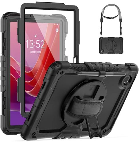 SEYMCY Case for Lenovo Tab M11/Tab K11 LTE 11 inch 2024, Full-Body Shockproof with Screen Protector, 360° Rotating Stand & Hand Strap, Carrying Strap, Pen Holder for Lenovo M11/K11 Tablet Case, Black
