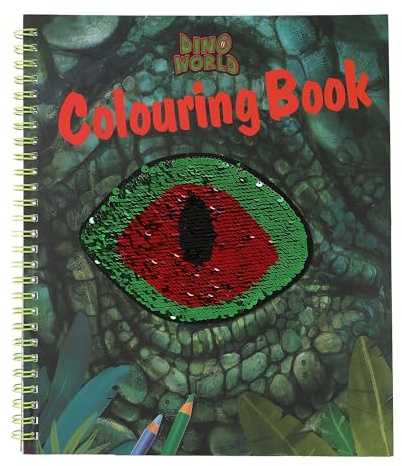 Depesche 12757 Dino World - Malbuch mit Pailletten Design, mit 20 Seiten zum Gestalten von Dinosaurier Motiven, inkl. einem Stickerbogen