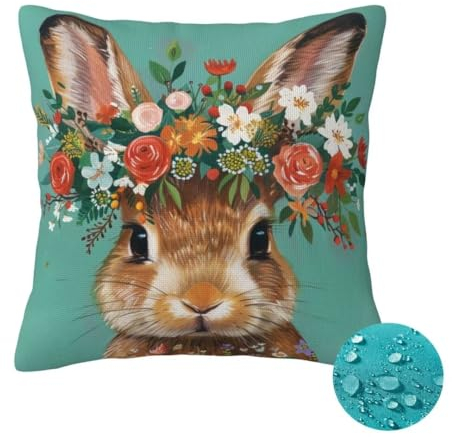 Outdoor Kissen Wetterfest 2 Stück Niedlich Kissenbezug 40x40cm, Sommer Gartenkissen Deko Outdoor Sitzkissen Wetterfest, Kissenbezüge Kaninchen Outdoorkissen, Balkon Terrasse Patio Garten Deko -OZ329