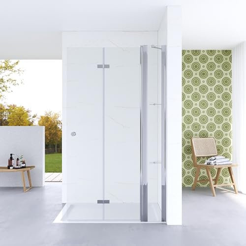 Walk-in Duschwand Glas 110 cm breit Duschtür an Festteil mit Eckablage Duschabtrennung faltbar Falttür Begehbare Dusche Duschtrennwand aus Sicherheitsglas (ESG) 5 mm | Öffnungsseite OHNE Wandprofil