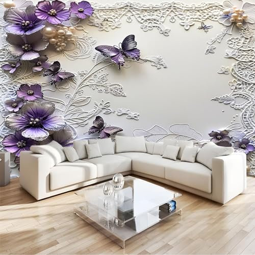 Papier Peint Panoramique 3D Fleur Violette Papillon En Relief, Papier Peint Intissé Tapisserie Poster Mural Multicolore pour Salon Chambre Décoration Murale 400 x 280 CM