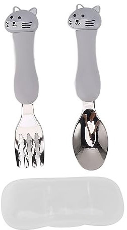 Gabel und Löffel, Zweiteiliges Set, Edelstahl Geschirr, Tiere, Gabeln, Silberne Löffel (Katze)