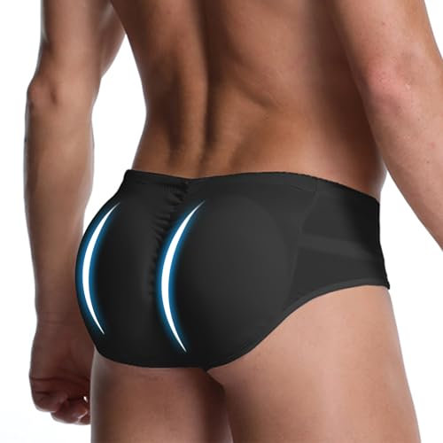 GENEMEN Mens Padded Underwear Butt Enhancer High Waisted Shapewear Butt Lifter Boxers with Detachable Pads (Black-Low Waist, M)