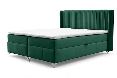 FURNISTAR Boxspringbett Maddie mit Bettkasten Bett mit Topper und Bonellmatratze Polsterbett Familienbett Schlafzimmer Bett mit Stauraum (Flaschengrün, 160x200)