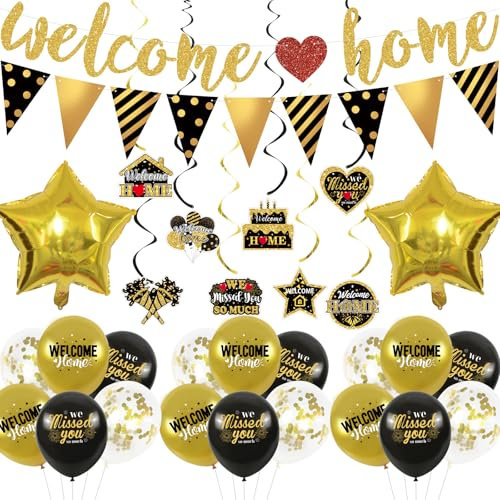 Welcome Home Decorations, Welcome Home Banner, Welcome Home Hanging Swirl, Gold Black Balloons for Welcome Back Theme Sign Party Supplies, Welcome Back Party Supplies