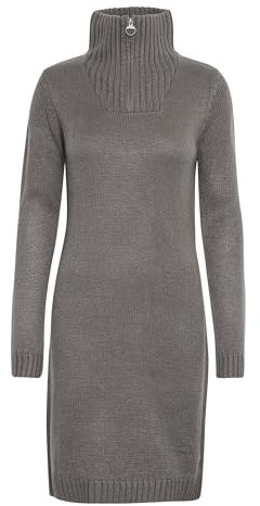 OXMO OXCarryola Damen Kleid Strickkleid Midikleid mit Troyerkragen Rippbündchen Label-Badge Regular fit, Größe:XL, Farbe:Dark Grey (792890)