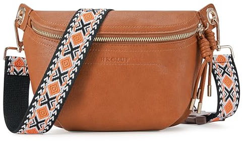 HKCLUF Gürteltasche Damen, Veganes Leder Bauchtasche Damen Stylisch Hüfttasche Umhängetasche mit 2 Riemen Bernsteinbraun