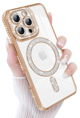Newseego Magnetic Sparkly Glitter Phone Case for iPhone 16 Pro [Compatible with Magsafe], Camera Lens Shockproof Protector Bling Diamonds Soft TPU Cover Girls Women for iPhone 16 Pro-Gold